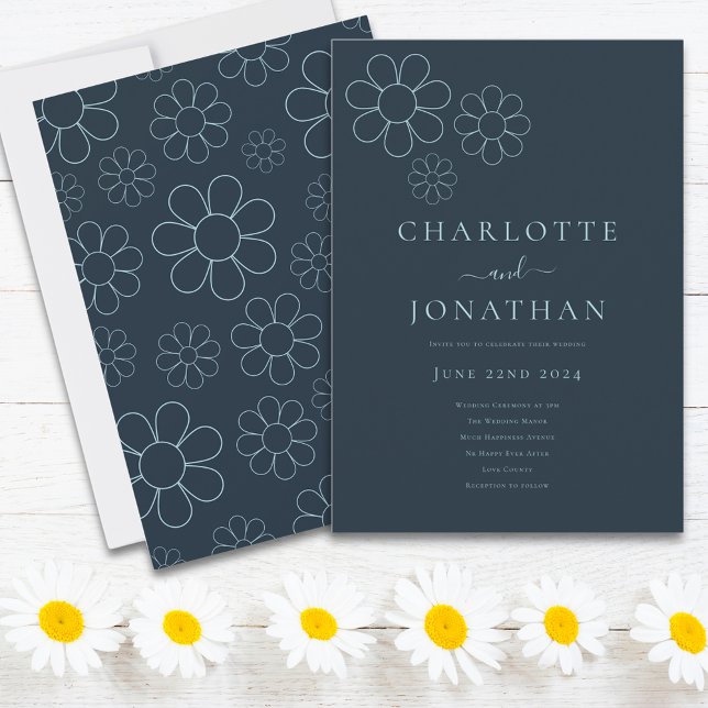 Minimalistisch Retro Daisy Blue Einladung (Minimalist retro daisy blue wedding invitation )