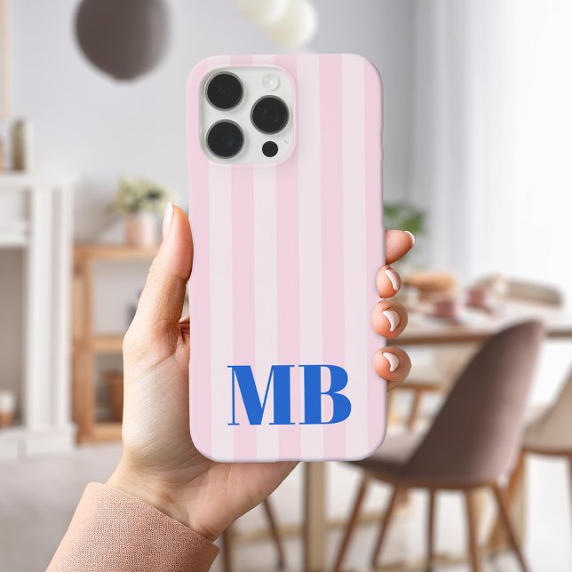 Minimalistisch Retro Pink Blau Streifen Monogramm Case-Mate iPhone Hülle (Von Creator hochgeladen)
