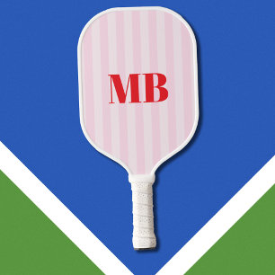 Minimalistisch Retro Rosa Streifen Monogramm Pickleball Schläger