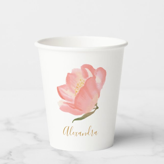 Minimalistisch rosa Blume Personalisiert Pappbecher (Vorderseite)