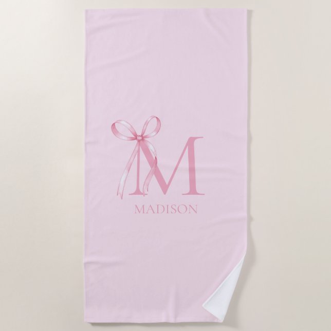 Minimalistisch rosa Bow Initialmonogramm Strandtuch (Vorderseite)