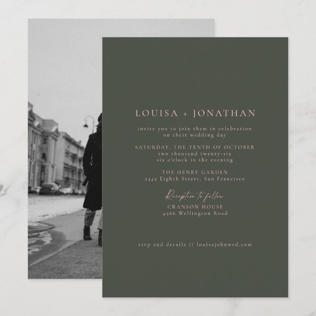 Minimalistisch-Rosa-Grün-Foto-Hochzeit Einladung (Vorne/Hinten)