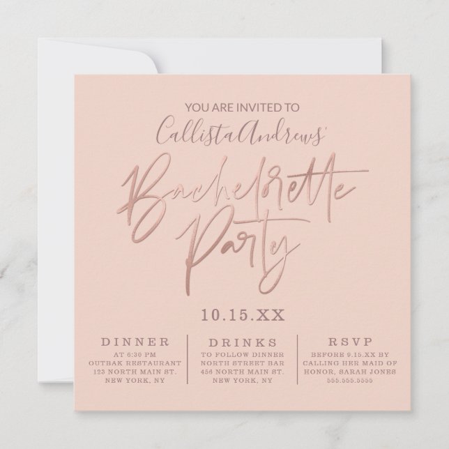 Minimalistisch Rosa-Rose-Gold-Typografie Bachelore Einladung (Vorderseite)