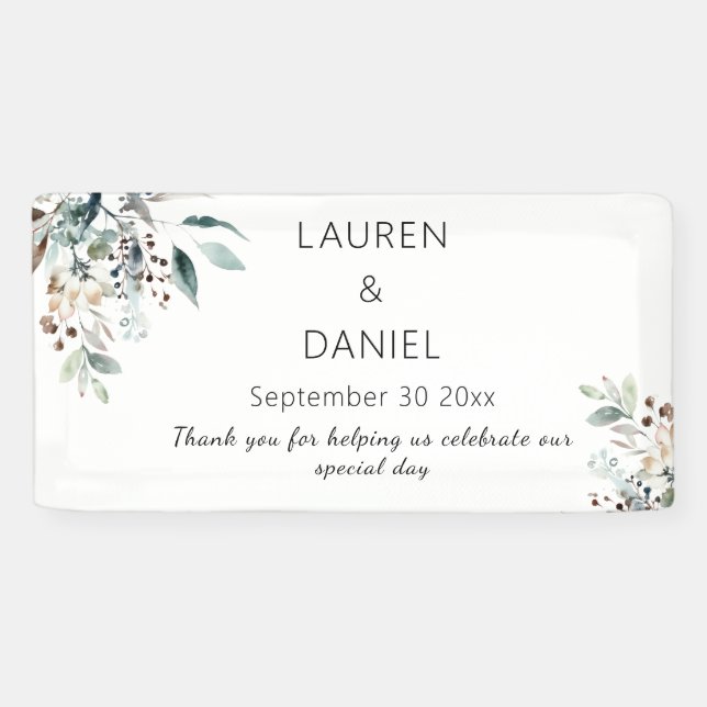Minimalistisch Sage Blätter Namen Hochzeit Danke Banner (Horizontal)