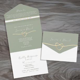 Minimalistisch Sage Green and Gold Wedding All In One Einladung