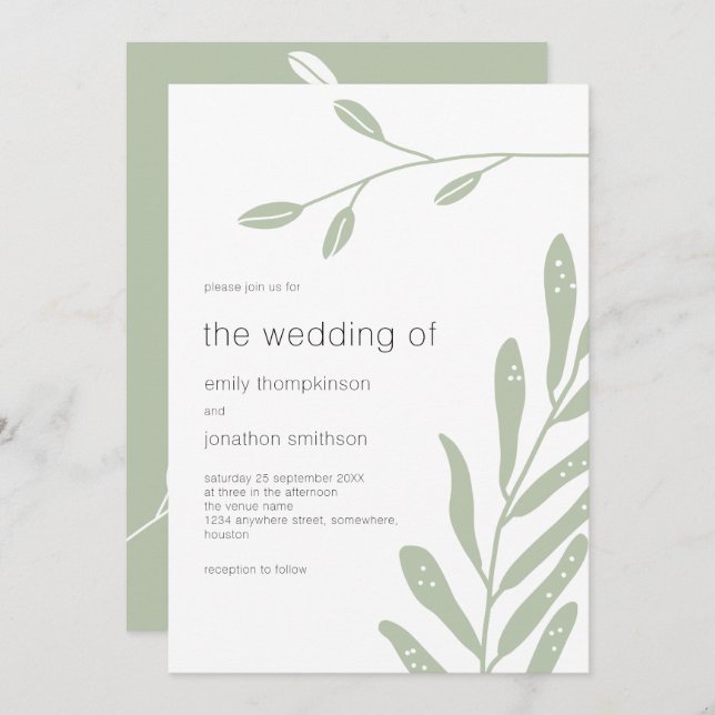 Minimalistisch Sage Green Blätter Hochzeit Einladung (Vorne/Hinten)
