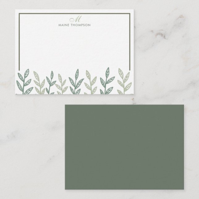 Minimalistisch Sage Green Blätter Script Monogram Mitteilungskarte (Vorne/Hinten)