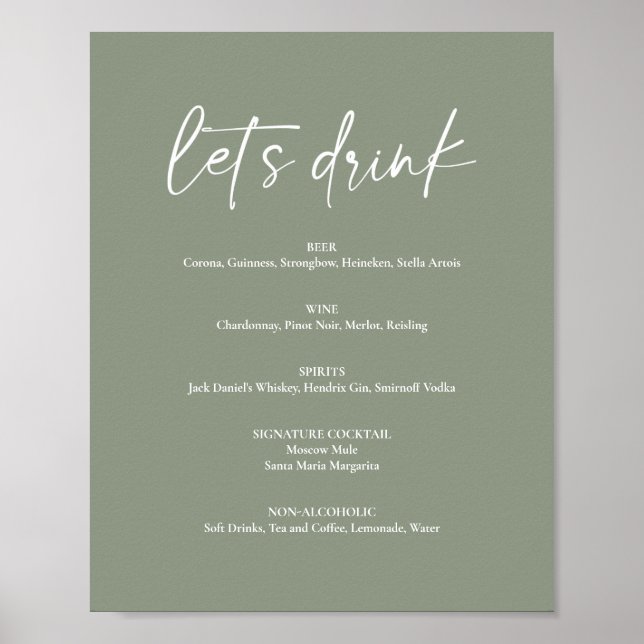 Minimalistisch Sage Green Boho Wedding Drink Bar M Poster (Vorne)