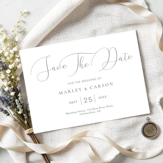Minimalistisch Sage Green Calligraphy Script Weddi Save The Date (Von Creator hochgeladen)
