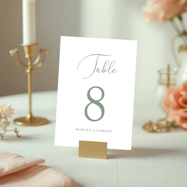 Minimalistisch Sage Green Elegante Script Hochzeit Tischnummer (Von Creator hochgeladen)