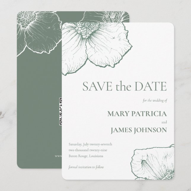Minimalistisch Sage Green Floral Moderne Hochzeit Save The Date (Vorne/Hinten)