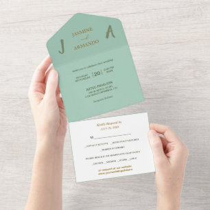 Minimalistisch Sage Green Gold Foto Hochzeit All In One Einladung