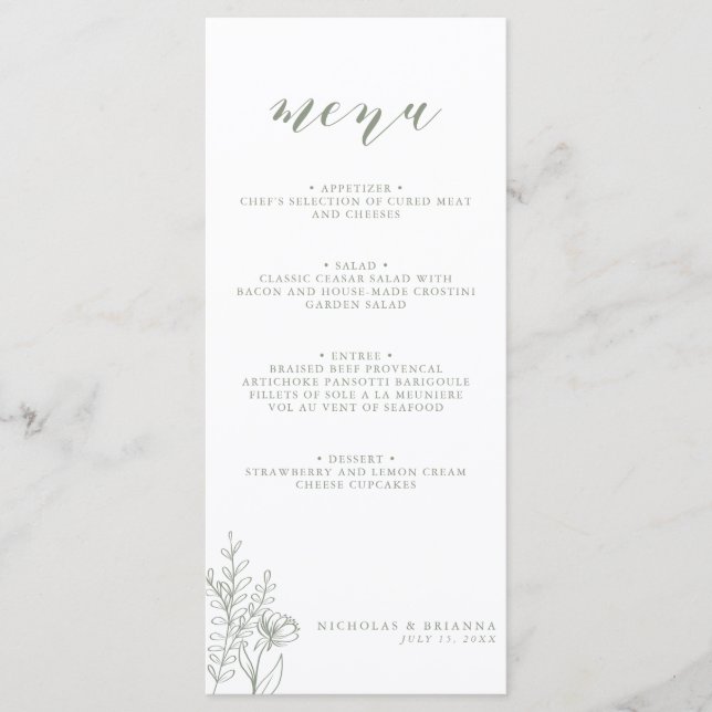 Minimalistisch Sage Green Modern Boho Wedding Mono Menükarte (Vorderseite)