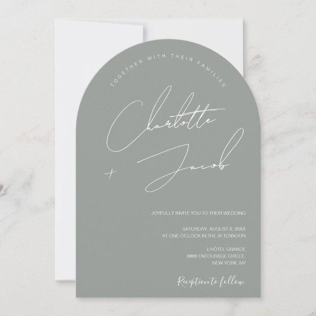 Minimalistisch Sage Green Modern Script arch Weddi Einladung (Vorderseite)