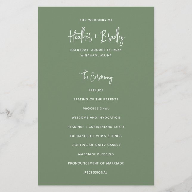 Minimalistisch Sage Green Modern Wedding Program (Vorderseite)