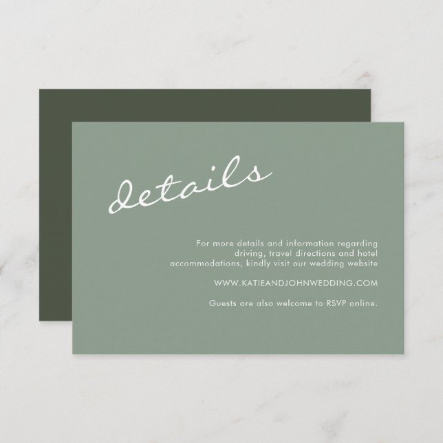 Minimalistisch Sage Green Script Hochzeitsdetails Begleitkarte (Vorne/Hinten)