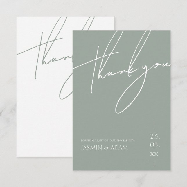 Minimalistisch Sage Green Script Typografy Wedding Dankeskarte (Vorne/Hinten)