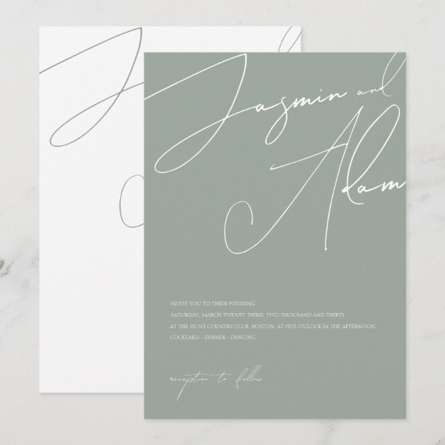 Minimalistisch Sage Green Script Typografy Wedding Einladung (Vorne/Hinten)