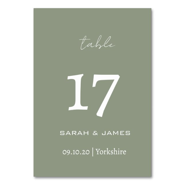 Minimalistisch Sage Green Script Wedding Custom Tischnummer (Vorderseite)