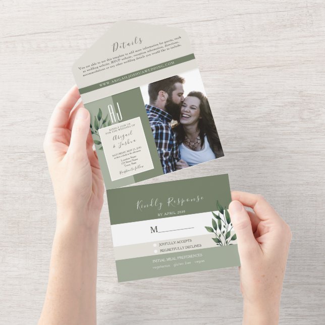 Minimalistisch Sage Green Wedding All In One Einladung (Abreißen)
