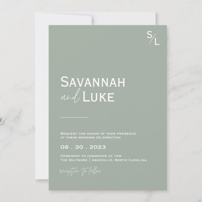 Minimalistisch Sage Green Wedding Einladung (Vorderseite)