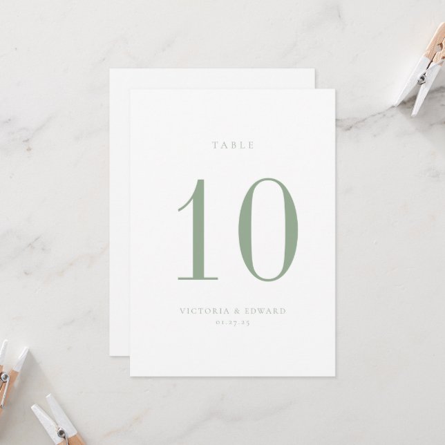 Minimalistisch Sage Green Wedding Tischnummer Card (Vorderseite/Rückseite Beispiel)