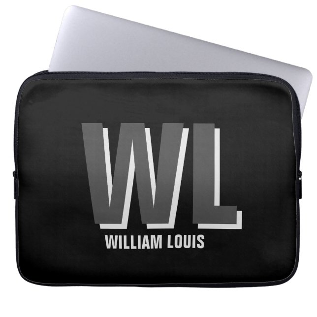 Minimalistisch Schwarz-Grau-Personalisiert-Monogra Laptopschutzhülle (Vorderseite)