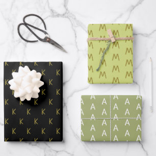 Minimalistisch Schwarz Grün und Gold Monogram Geschenkpapier Set