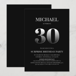 Minimalistisch Schwarz und Silber Überraschung 30. Einladung
