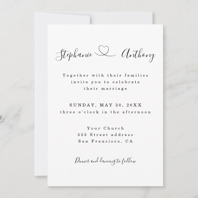 Minimalistisch Schwarz und Weiß mit Herzenshochzei Einladung (Vorderseite)