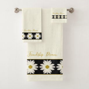 Minimalistisch Schwarz-Weiß-Creme Daisy Floral Badhandtuch Set