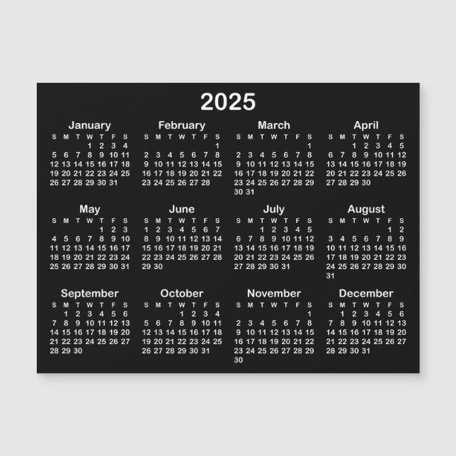 Minimalistisch Schwarz-Weiß-Magnetkalender 2025 Magnetkarte (Vorderseite)
