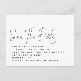 Minimalistisch Schwarz-weißes Skript Save the Date Postkarte