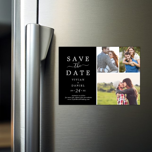 Minimalistisch | Schwarze 3 FotoCollage Save the D Magneteinladung (Von Creator hochgeladen)