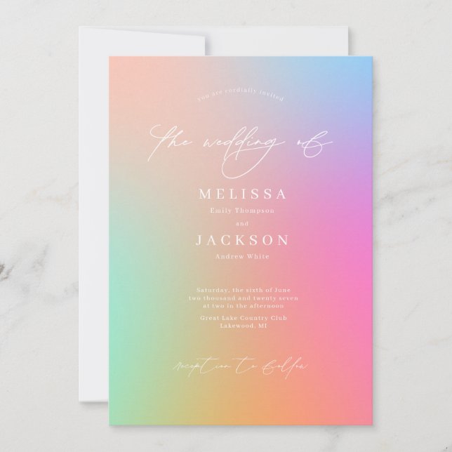 Minimalistisch Scripted Bright Ombre Rainbow Weddi Einladung (Vorderseite)