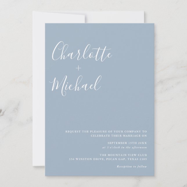 Minimalistisch Signature Script Dusty Blue Wedding Einladung (Vorderseite)