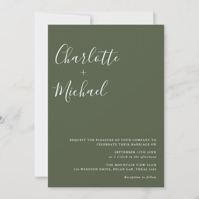 Minimalistisch Signature Script Olive Green Weddin Einladung (Vorderseite)