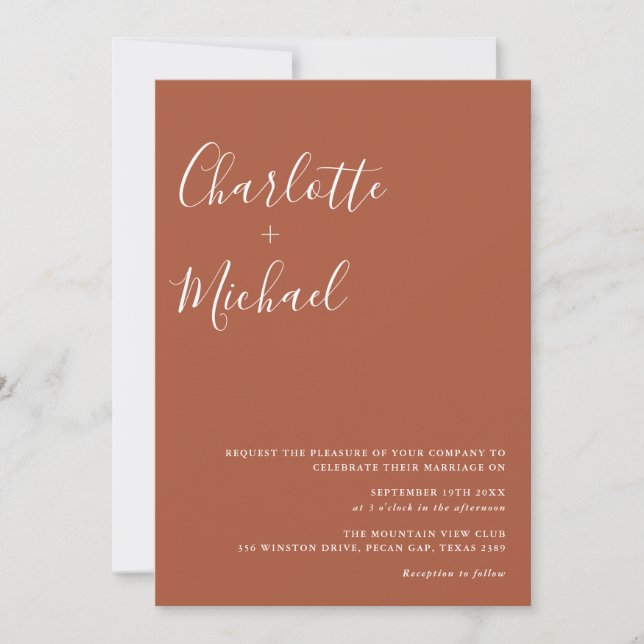 Minimalistisch Signature Script Terracotta Wedding Einladung (Vorderseite)