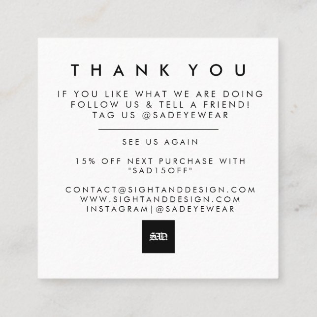 Minimalistisch Simple Bold Dankeschön-Karte Quadratische Visitenkarte (Rückseite)