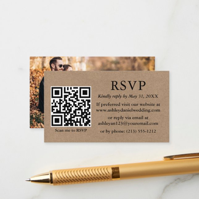 Minimalistisch Simple Foto Kraft Wedding QR UAWG Begleitkarte (Vorderseite/Rückseite Beispiel)