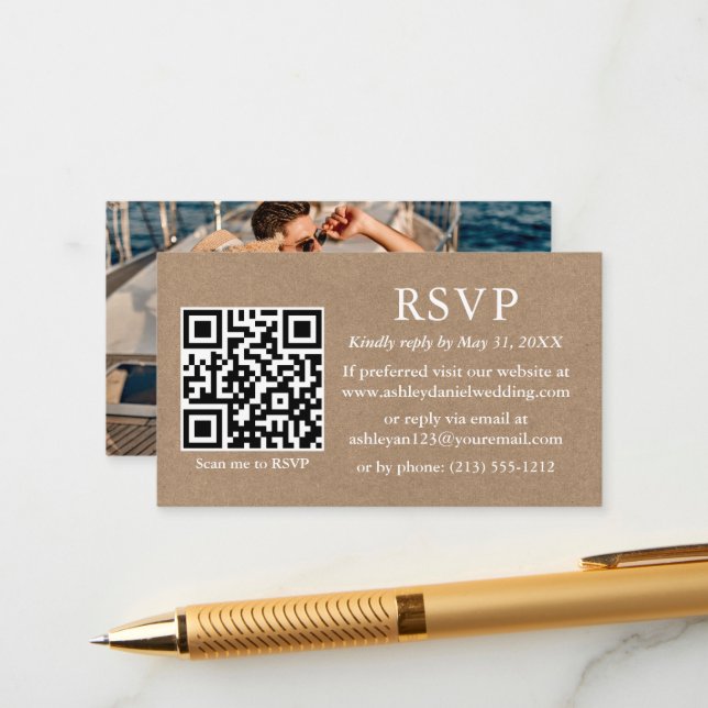 Minimalistisch Simple Foto Wedding QR Kraft UAWG Begleitkarte (Vorderseite/Rückseite Beispiel)