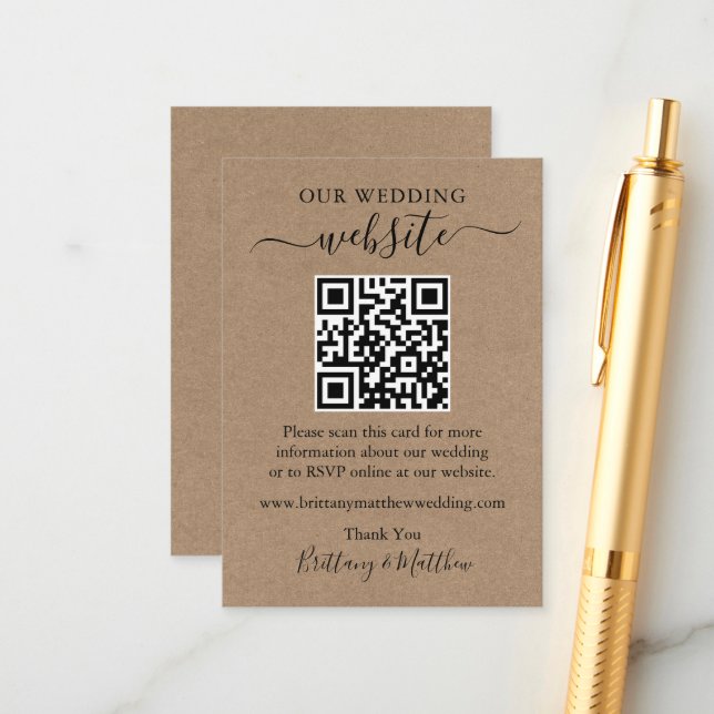 Minimalistisch Simple Kraft Wedding Website QR Begleitkarte (Vorderseite/Rückseite Beispiel)