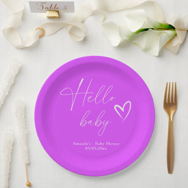 Minimalistisch Simple Lila Hello Baby Pappteller (Hochzeit)