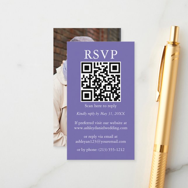 Minimalistisch Simple Wedding QR Foto Periwinkle U Begleitkarte (Vorderseite/Rückseite Beispiel)