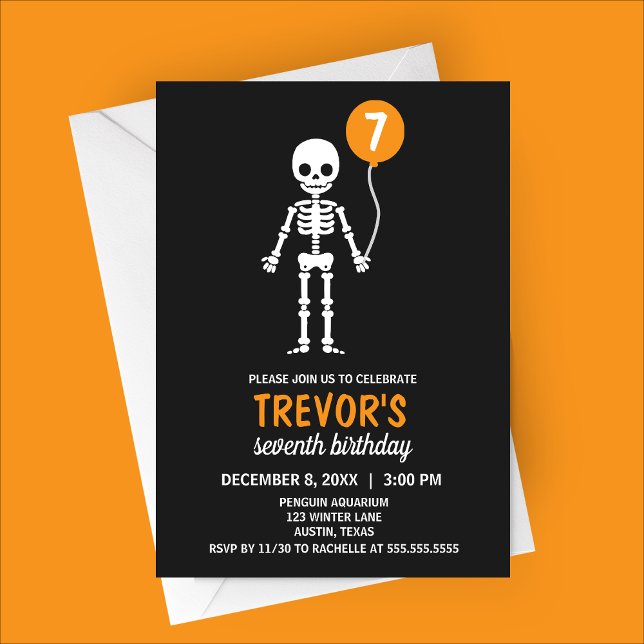 Minimalistisch Skeleton Ballon Geburtstag Einladun Einladung (Orange Minimalist Skeleton Halloween Birthday Party Invitation)
