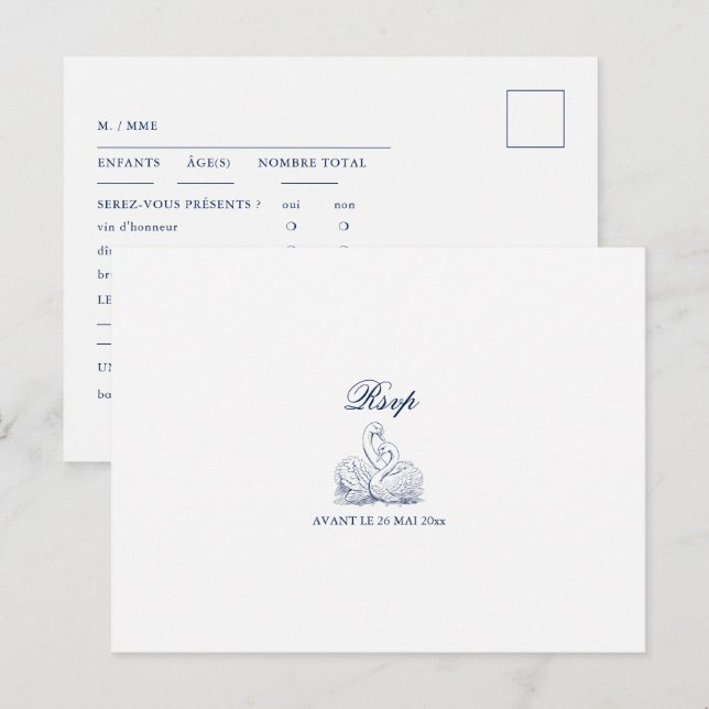 Minimalistisch skizzierte Liebe Swans Wedding RSVP Postkarte (Vorne/Hinten)