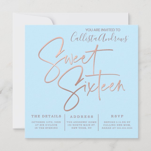 Minimalistisch Sky Blue Rose Gold Typografie Sweet Einladung (Vorderseite)