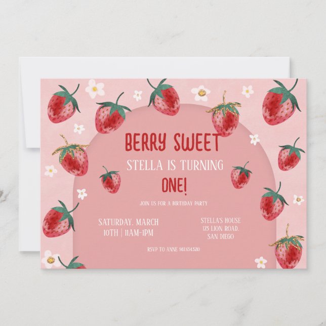Minimalistisch Strawberry Berry Erster Geburtstag Einladung (Vorderseite)