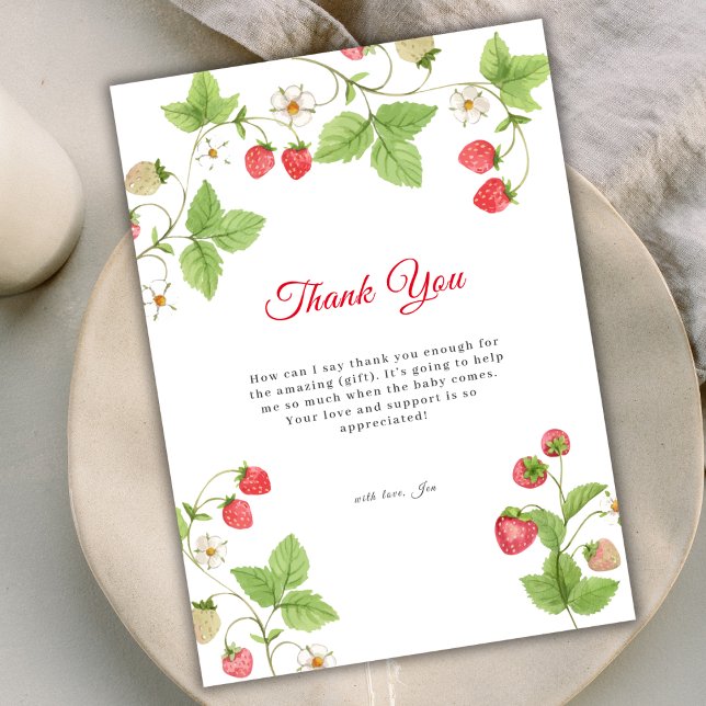 Minimalistisch Sweet Greenery Strawberry Baby Dusc Dankeskarte (Minimalist Sweet Greenery Strawberry Baby Shower Thank You Card)