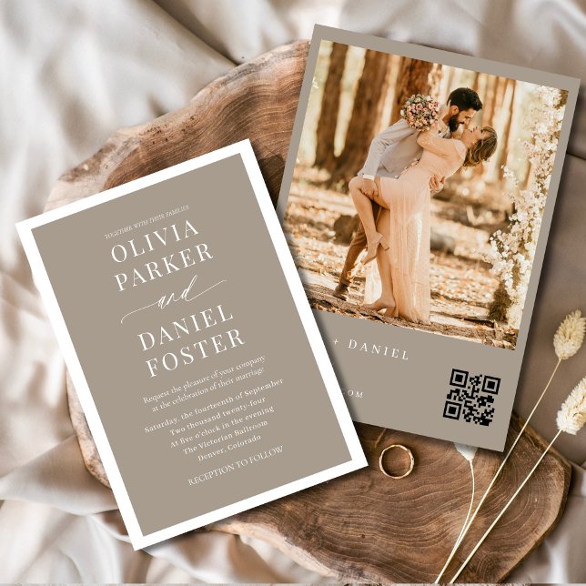 Minimalistisch Taupe Boho QR Code Foto Hochzeit Einladung (Von Creator hochgeladen)